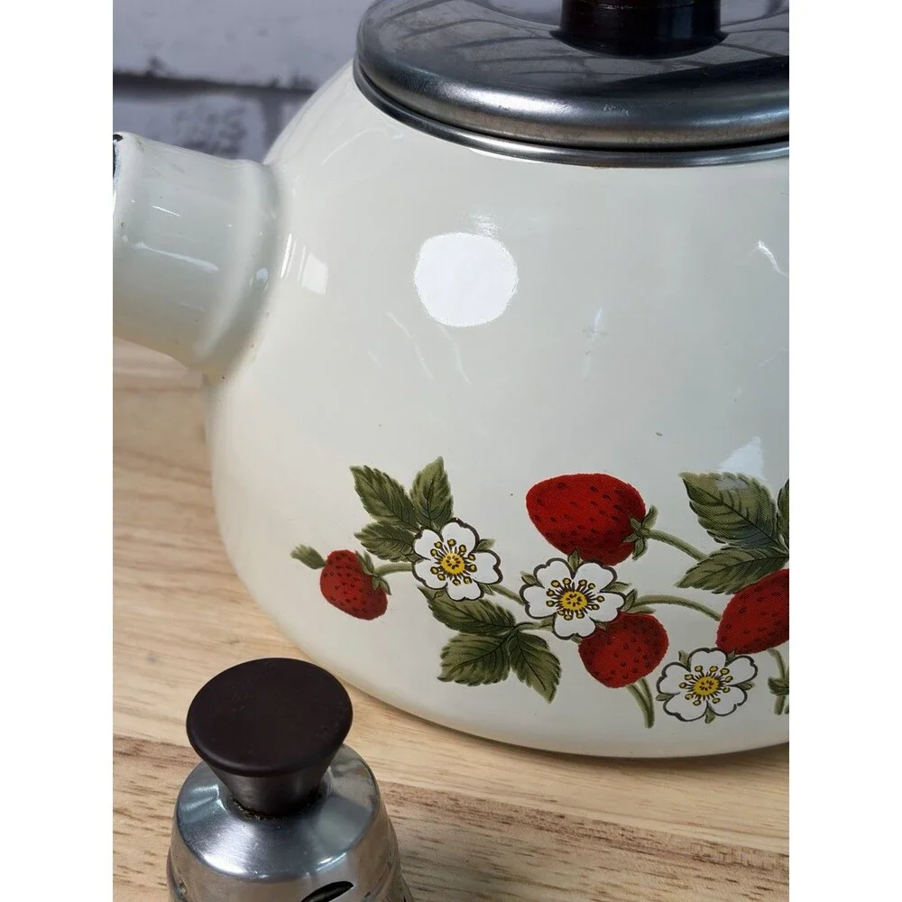 Vintage Strawberry Enamel Whistling Tea Kettle Farmhouse Kitchen Decor